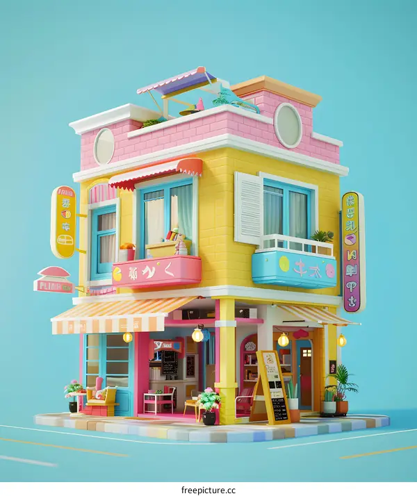 Cute Cartoon Illustration of Colorful Building with Shops