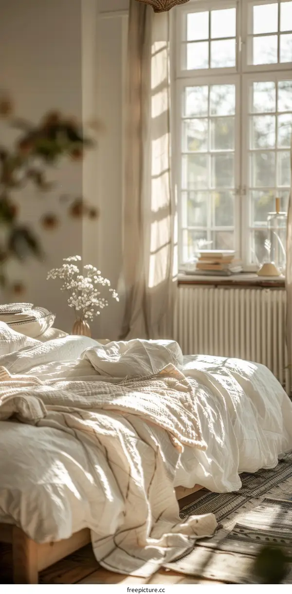 Sunlit Bedroom with White Bed and Large Window