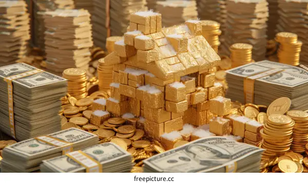 Golden house sitting on a pile of money