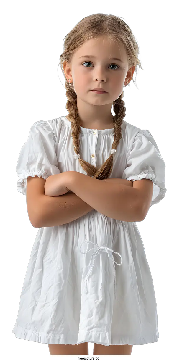 [Transparent Background PNG]portrait of blonde girl in white dress with arms crossed