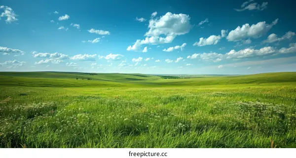 Green rolling hills under blue sky with white clouds
