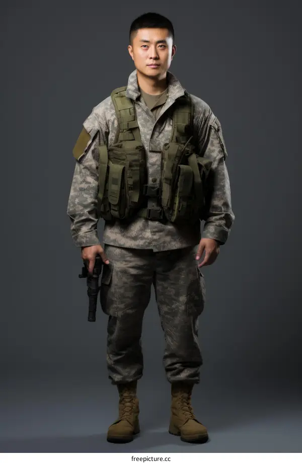 Studio portrait of an Asian soldier in full combat gear