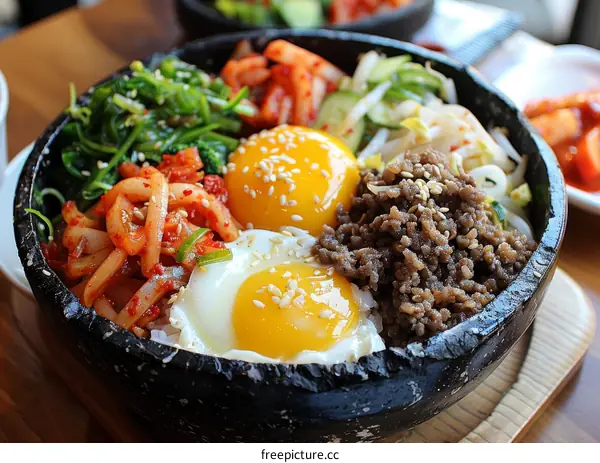 Korean food dolsot bibimbap with egg, beef, spinach, bean sprouts and kimchi