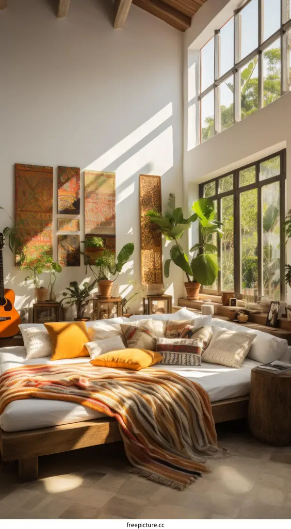 A cozy living room with a large window and a comfortable daybed