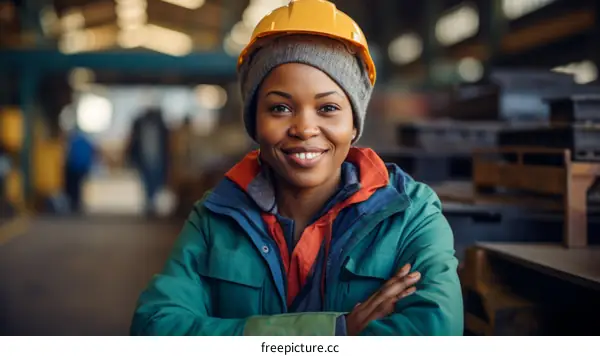 Portrait of a smiling African American woman wearing a hard hat in a factory