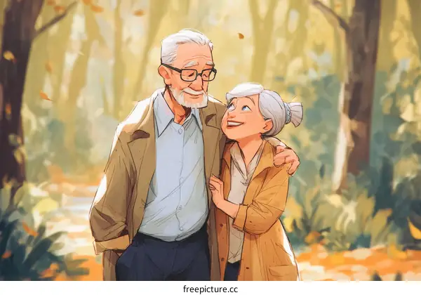 Elderly Couple Walking in Autumn Forest Illustration