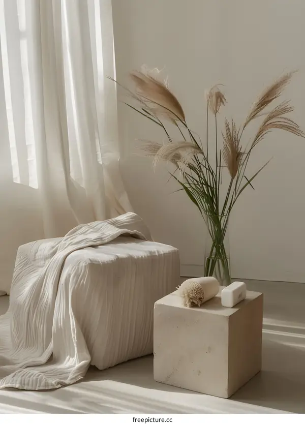 Minimalist Home Decor with Beige Blanket and Pampas Grass in Vase