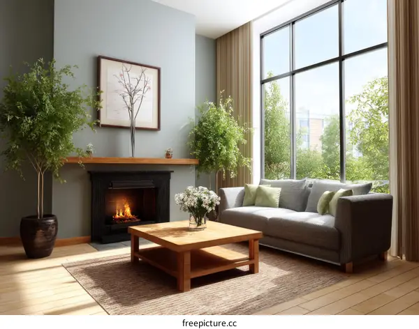 Modern Living Room with Fireplace and Large Windows