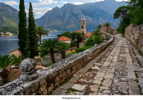 Cobblestone Pathway Leading to a Church in a Mountainous Village