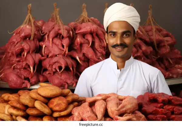 Indian man standing in front of a large pile of meat and bread