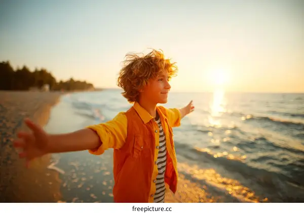 A boy at sunset beach freedom