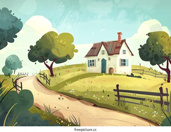 Cartoon Countryside Home with Winding Path