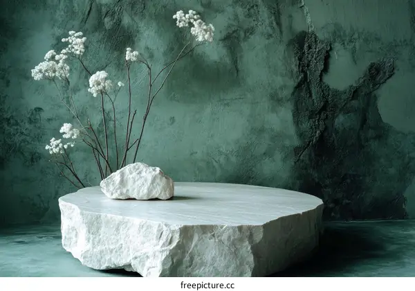 Minimalist White Stone Display Platform Against Teal Background