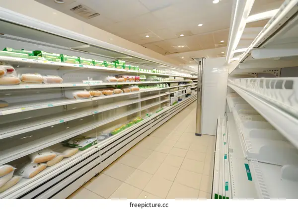 Empty Supermarket Shelves with Some Food Products