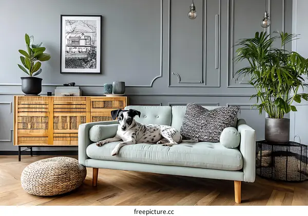 Modern Living Room Interior Featuring a Dog