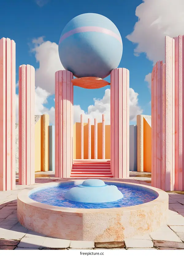 Abstract Minimalist 3D Illustration with Sphere, Fountain and Pillars
