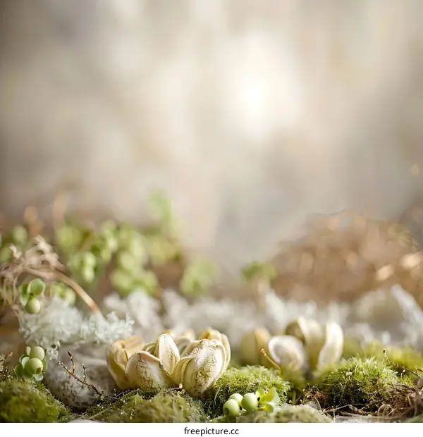 Close Up of Delicate White Flowers on a Bed of Moss