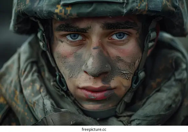 Portrait of a young soldier with blue eyes and a dirty face