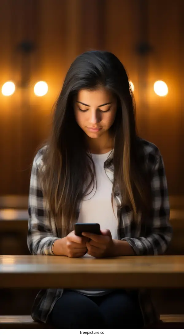 Young woman looking at her phone in a dimly lit room