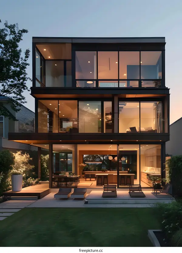 Modern Home with Large Glass Windows and Back Yard