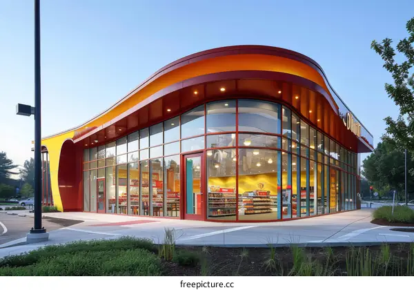 futuristic gas station with a large glass window and a curved roof