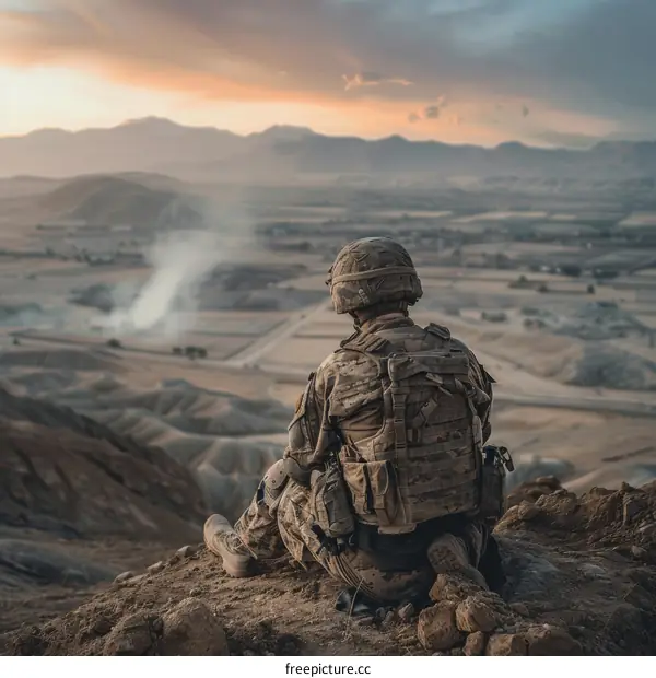Soldier looking out over a vast desert landscape