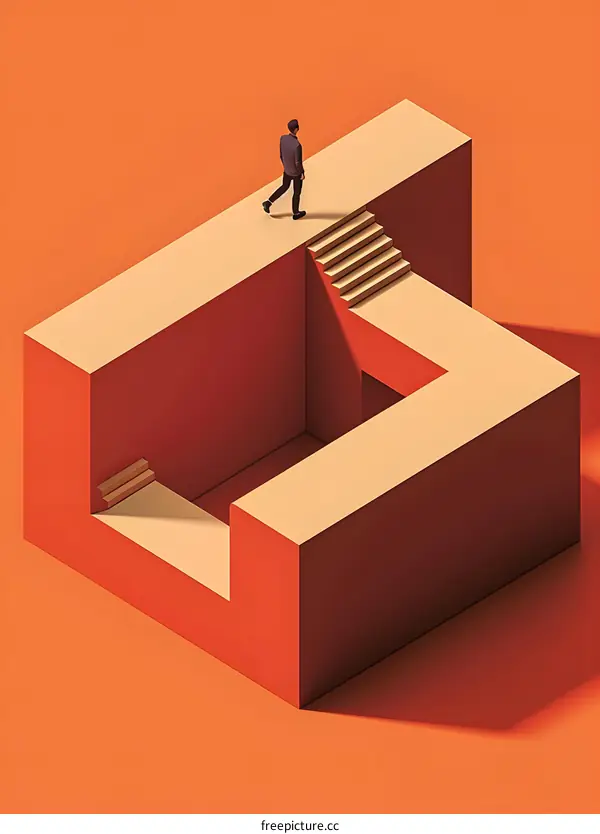 Man Walking On Impossible Structure With Stairs