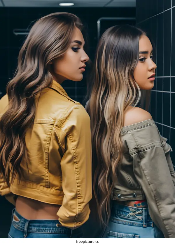 Two Young Women in a Bathroom, Posing for a Photo