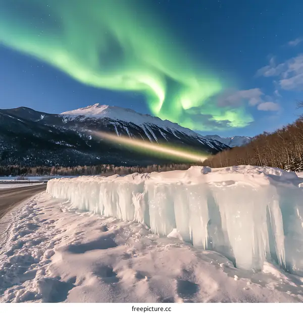 Aurora Borealis over a Snowy Mountain Range in Alaska