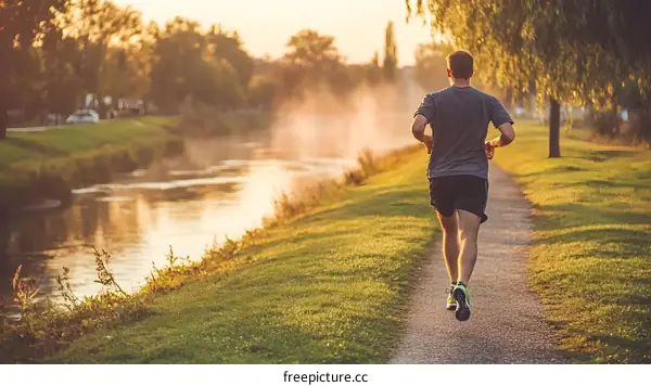 Man Running by the River at Sunset