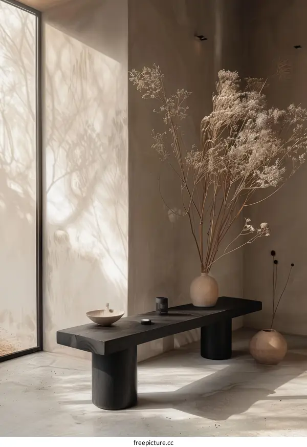 Minimalist Living Room with Large Window and Wooden Bench