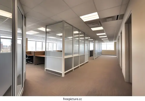 Modern Office Interior With Glass Walls And Carpet Flooring