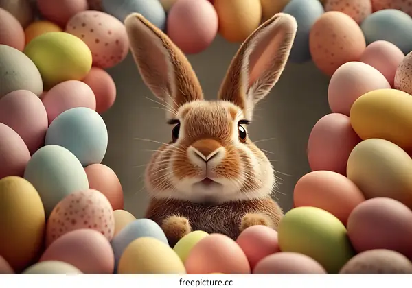 Easter Bunny surrounded by colorful eggs