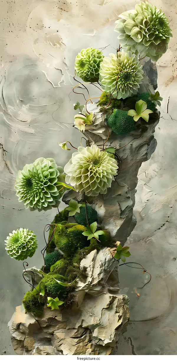 Green Flowers and Moss on Rock