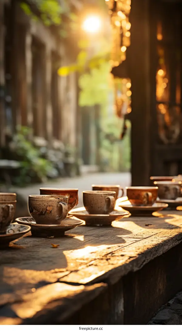 A row of ceramic cups on a wooden table in the morning sun
