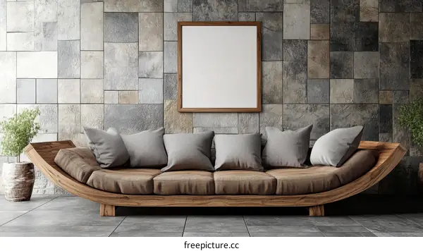 Modern Wooden Sofa in Stone Wall Room