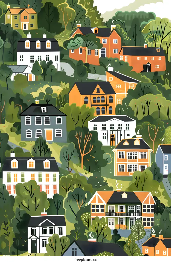 Charming Village Illustration with Colorful Houses and Green Trees