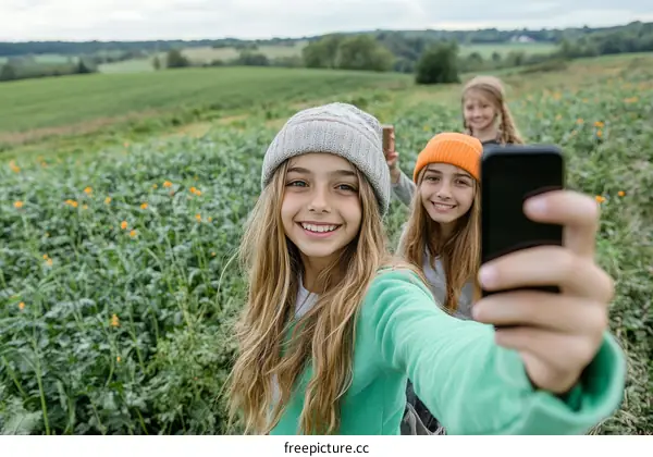 Happy Girls Taking Selfie in a Field