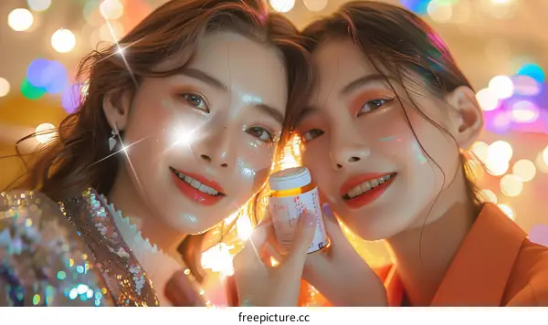 Two Asian women with glitter on their faces are holding a bottle of pills.