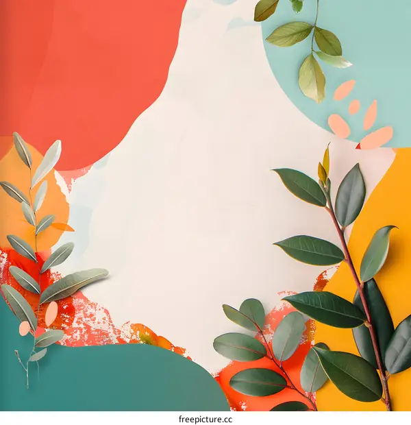 Abstract Background with Green Leaves and Colorful Shapes