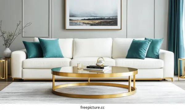 Modern Living Room with White Sofa and Gold Coffee Table
