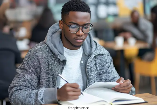 Focused Student Studying in a Cafe