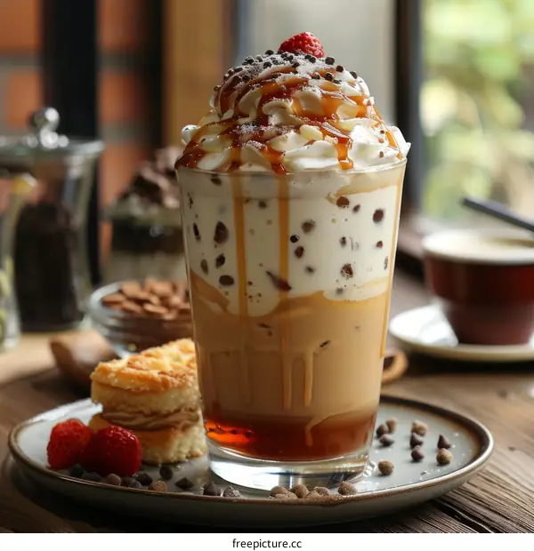 Iced coffee with whipped cream and chocolate syrup