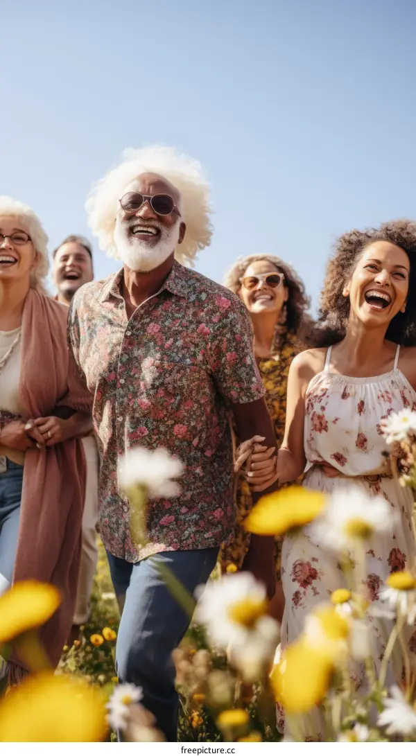 Group of diverse people walking in a field of flowers