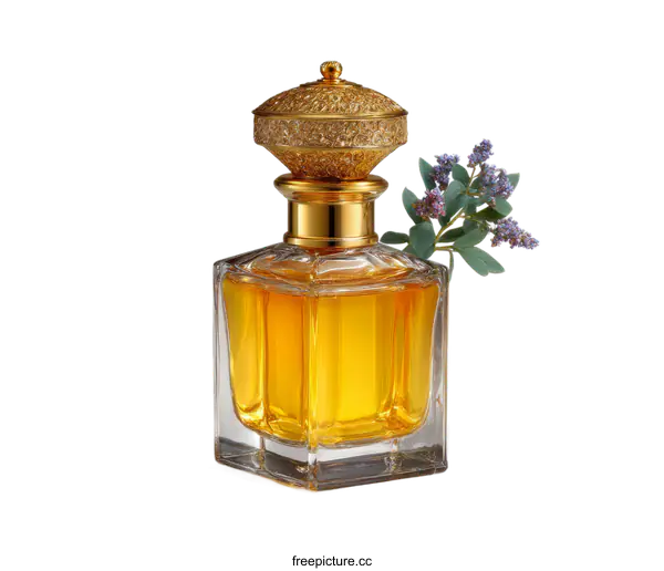 [Transparent Background PNG]Golden Perfume Bottle with Delicate Flowers