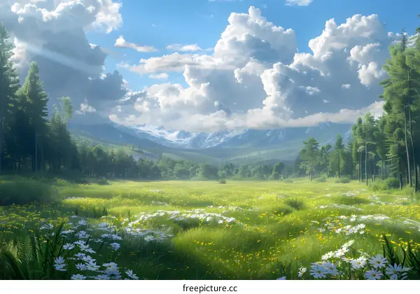 White flowers bloom in the valley