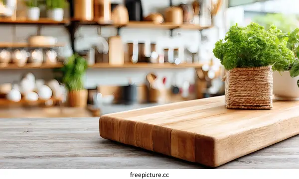 Wooden Cutting Board with Kitchen Background