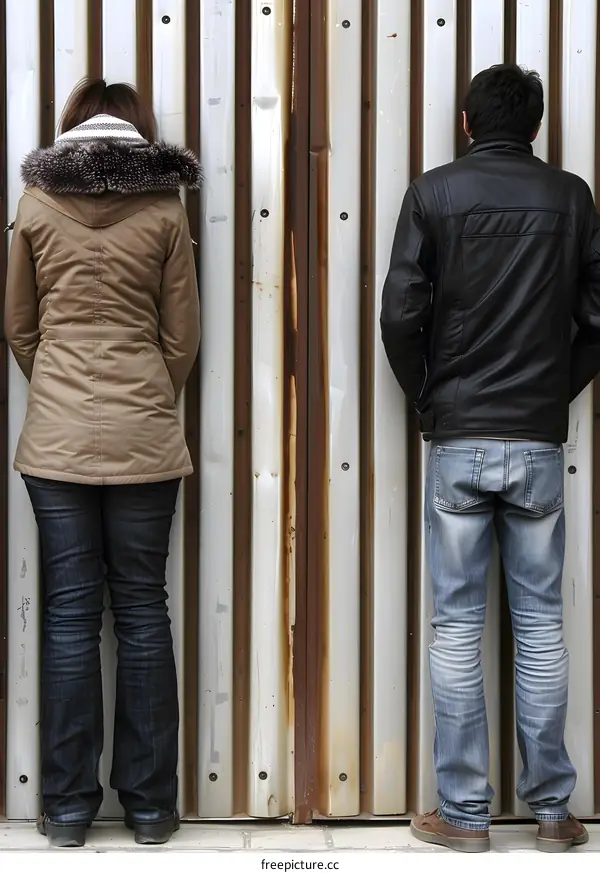 Couple Standing Back To Back Looking At Rusty Metal Door