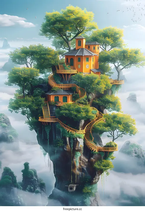 Fantasy House in the Clouds Above the Mountains