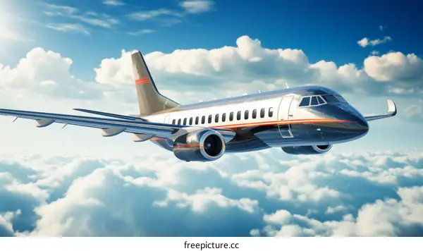 A sleek silver airplane flies through the sky above the clouds